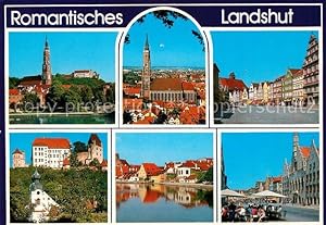 Postkarte Carte Postale Landshut Isar Stadtpanorama mit Kirche Innenstadt Strassencafe Giebelhäus...