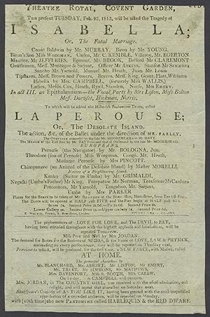 'La Perouse; Or, the Desolate Island'. Theatre Royal, Covent Garden, February 23, 1813. Playbill