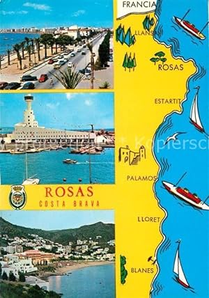 Postkarte Carte Postale Rosas Costa Brava Cataluna Uferstrasse Hafen Küstenpanorama Landkarte