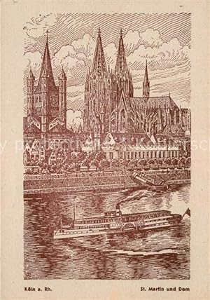 Bild des Verkufers fr Postkarte Carte Postale Kln Rhein St Martin Kirche und Dom Dampfer Zeichnung Knstlerkarte zum Verkauf von Versandhandel Boeger