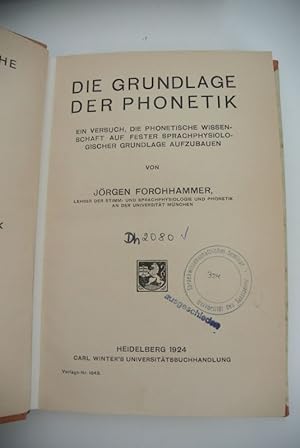 Bild des Verkufers fr Die Grundlage der Phonetik. (= Indogermanische Bibliothek, 3. Abt., 6. Bd.) zum Verkauf von Antiquariat Bookfarm
