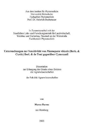 Bild des Verkufers fr Untersuchungen zur Sensitivitt von Plasmopara viticola (Berl. & Curtis) berl. & de Toni gegenber Cymoxanil zum Verkauf von buchversandmimpf2000