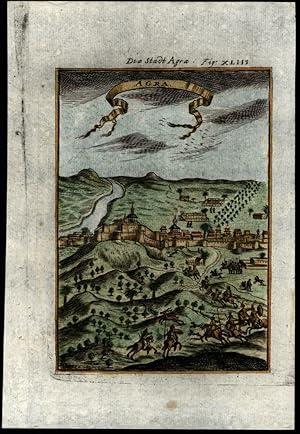 Agra India birds-eye city view 1719 Mallet vintage color