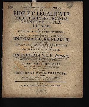 Immagine del venditore per Dissertatio Inavgvralis Ivridica, De Fide Et Legalitate Medici In Investiganda Vvlnervm Lethalitate venduto da Antiquariat Bookfarm