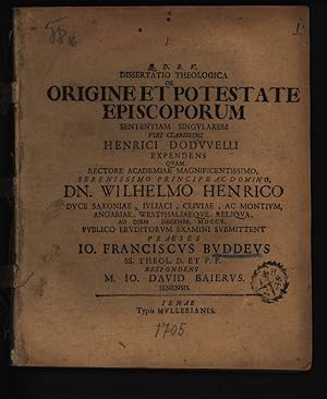 Bild des Verkufers fr Dissertatio Theologica De Origine Et Potestate Episcoporum zum Verkauf von Antiquariat Bookfarm