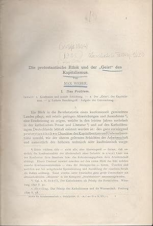 Bild des Verkufers fr [Caption title:] Die protestantische Ethik und der "Geist" des Kapitalismus. I. Das Problem. [II. Die Berufsidee des asketischen Protestantismus.] zum Verkauf von Fldvri Books