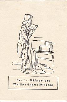 Exlibris. Motiv: Männliche Person des 19. Jahrhunderts beim Lesen vor Bücherkisten. Klischee, 11 ...