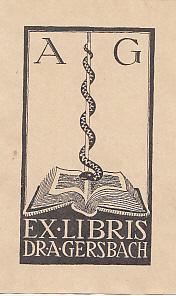 Exlibris. Motiv: Äskulapschlange über aufgeschlagenem Buch, oben die Initiallien "A" [für Alfons]...