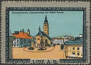 Seller image for Reklamemarke Stadtpfarrkirche, Johannesstatue von Rafael Donner for sale by Veikkos