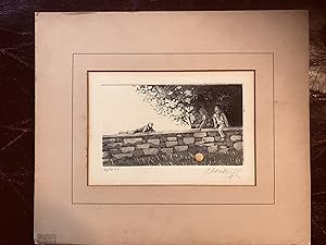 Paul Cloutier Copper Etching Three Boys On A Wall With Ball Pencil Signed and Numbered 6/200 "Clo...