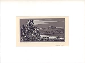 Rastender Jäger vor nordischer Berglandschaft mit See. Siebdruck von 3 Sieben (ohne Titel).