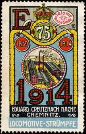 Bild des Verkufers fr Reklamemarke Fabrikansicht 75 Jahre Locomotive Strmpfe 1914 zum Verkauf von Veikkos