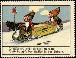 Bild des Verkufers fr Reklamemarke Zwerge im Wintersport mit Schlitten zum Verkauf von Veikkos