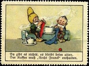 Bild des Verkäufers für Reklamemarke Zwerge bei der Handarbeit (Stricken) und Kaffee trinken zum Verkauf von Veikkos