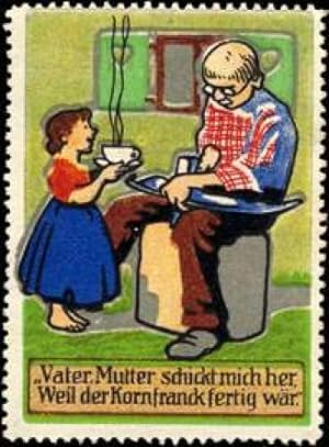 Immagine del venditore per Reklamemarke Bauer beim Dengeln der Sense mit Tochter und Kornfranck Kaffee venduto da Veikkos