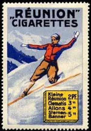 Image du vendeur pour Reklamemarke Reunion Cigarettes beim Ski fahren mis en vente par Veikkos