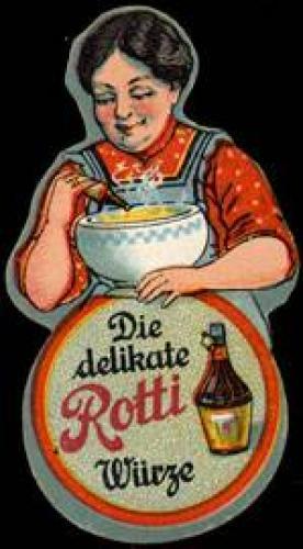 Bild des Verkufers fr Reklamemarke Die delikate Rotti Wrze zum Verkauf von Veikkos