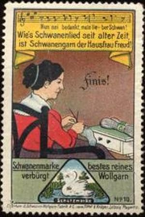 Immagine del venditore per Reklamemarke Wies Schwanenlied seit alter Zeit, ist Schwanengarn der Hausfrau Freud ! Nr. 10 venduto da Veikkos