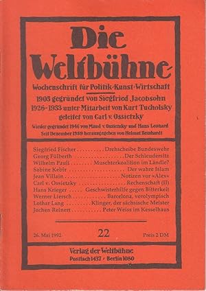 Bild des Verkufers fr Die Weltbhne. Wochenschrift fr Politik, Kunst, Wirtschaft. 87. Jhrg., XLVII, Nr. 22 vom 26. Mai 1992 zum Verkauf von Antiquariat Jterbook, Inh. H. Schulze