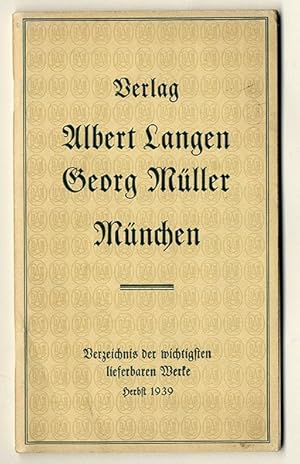 Immagine del venditore per Verlag Albert Langen Georg Mller Mnchen, Verzeichnis der wichtigsten lieferbaren Werke Herbst 1939. venduto da Antiquariat an der Linie 3