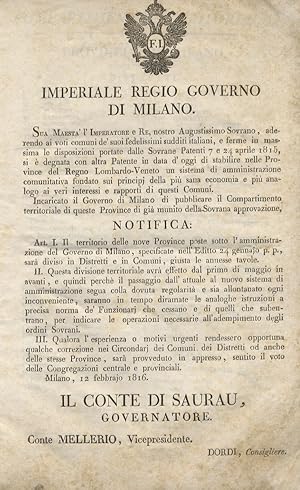 notifiche dell'Imperiale Regio Governo di Milano a cura del Governatore Conte di Saurau. 12 Febbr...