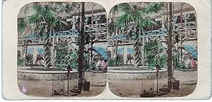 HAND-COLORED STEREOSCOPIC VIEW, CRYSTAL PALACE: THE GREAT PALM AND NINEVEH COURT. Tropical Depart...