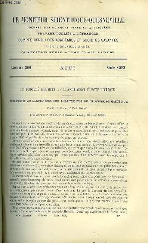 Bild des Verkufers fr Le moniteur scientifique : journal des sciences pures et appliques n 560 - Le procd hermite de blanchiment lectrolytique, recherches au laboratoire sur l'lectrolyse du chlorure de magnsium par C.F. Cross et E.J. Bevan, Fabrication du ciment zum Verkauf von Le-Livre