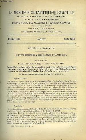 Bild des Verkufers fr Le moniteur scientifique : journal des sciences pures et appliques n 536 - Procd de prparation de nouvelles matires colorantes azoques jaunes, rouges et bleues, a l'aide des drivs bidiazoques des thers de diamido-diphnols, des phnols zum Verkauf von Le-Livre