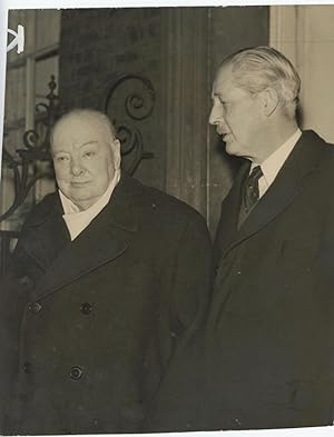 An original press photo of Sir Winston S. Churchill with Prime Minister Harold Macmillan at 10 Do...