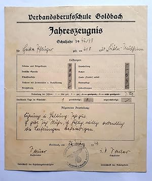 Verbandsberufsschule Goldbach Jahreszeugnis 1942/43 - Fächer: Rechnen mit Formenlehre und Buchfüh...