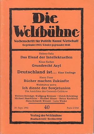 Bild des Verkufers fr Die Weltbhne. Wochenschrift fr Politik, Kunst, Wirtschaft. 87. Jhrg., XLVII, Nr. 40 vom 29. Sept. 1992 zum Verkauf von Antiquariat Jterbook, Inh. H. Schulze