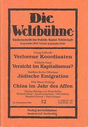 Bild des Verkufers fr Die Weltbhne. Wochenschrift fr Politik, Kunst, Wirtschaft. 87. Jhrg., XLVII, Nr. 52 vom 22. Dez. 1992 zum Verkauf von Antiquariat Jterbook, Inh. H. Schulze