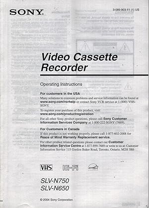 Sony Video Cassette Recorder Operating Instructions (INSTRUCTION BOOKLET ONLY!)