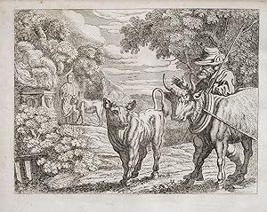 Illustration zur Äsopschen Fabel "Le boeuf et la génisse." (Das Rind und das Kalb) originaler Kup...