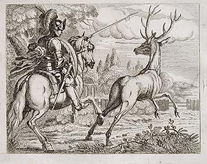 Illustration zur Äsopschen Fabel "Le cerf et le cheval." (Der Hirsch und das Pferd) originaler Ku...