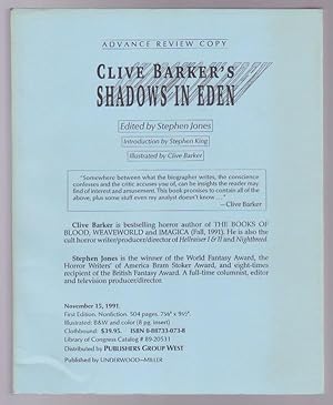 Bild des Verkufers fr Clive Barker's Shadows in Eden - Advance Review Copy zum Verkauf von Gates Past Books Inc.