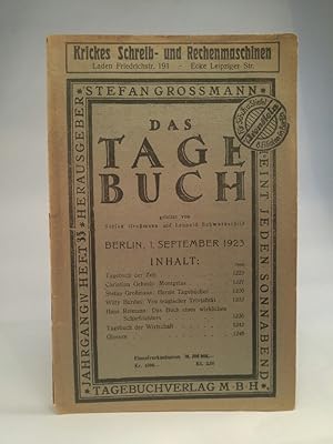 Bild des Verkufers fr Das Tagebuch. Berlin, Jahrgang IV, Heft 35, 1. September 1923 zum Verkauf von ANTIQUARIAT Franke BRUDDENBOOKS