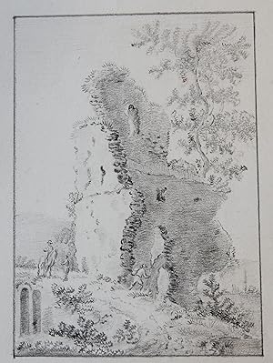 [Antique drawing/tekening] Figures approaching a ruin (figuren voor een ruïne), ca. 1850-1900.