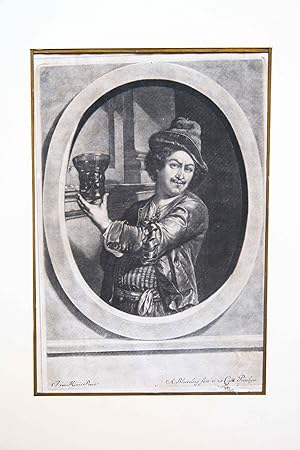 [Mezzotint] Man with hat holding a glass of wine (Man met hoed met wijnglas in zijn hand).