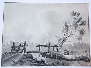 [Antique drawing/ tekening] River landscape with cattle resting under a tree (Rivierlandschap met...