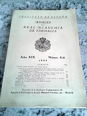 ANALES DE LA REAL ACADEMIA DE FARMACIA. Año XIX. Nºs 5 - 6. 1953