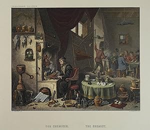Der Chemiker. The Chemist. Kolorierter Stahlstich von W. French nach David Teniers. Leipzig, A. H...