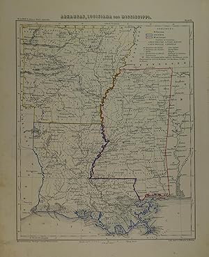 Arkansas, Louisiana und Mississippi. Grenzkolorierte, lithographierte Karte von Leopold Kraatz in...