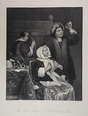The Sick Lady. Die kranke Frau. Stahlstich von W. French nach Caspar Netscher um 1845, 16,5 x 13,...