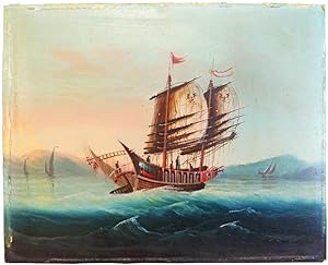 Original Oil Painting of an Ancient Chinese Junk, from Circa 1901-1910.