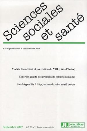 Image du vendeur pour revue sciences sociales et sante vol 25 n3 septembre 2007 mis en vente par Chapitre.com : livres et presse ancienne