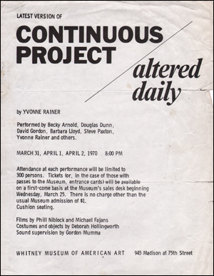 Bild des Verkufers fr Latest Version of Continuous Project Altered Daily by Yvonne Rainer zum Verkauf von Specific Object / David Platzker