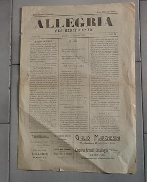 ALLEGRIA PER BENEFICIENZA - NUMERO UNICO DEL 9 DICEMBRE 1905, Bologna, Tipografia Cuppini Paolo, ...