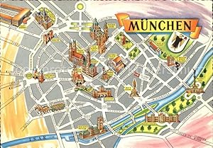 Postkarte Carte Postale München Stadtplan Zentrum mit Sehenswürdigkeiten