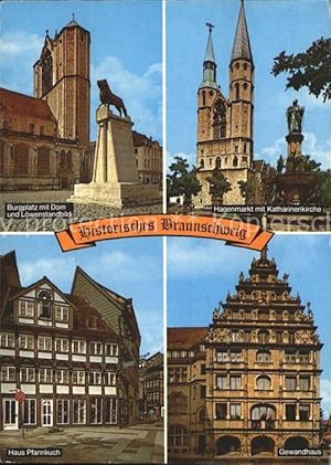 Bild des Verkufers fr Postkarte Carte Postale Braunschweig Historische Stadt Burgplatz Dom Lwenstandbild Hagenmarkt Katharinenkirche Gewandhaus Giebel Haus Pfannkuch zum Verkauf von Versandhandel Boeger